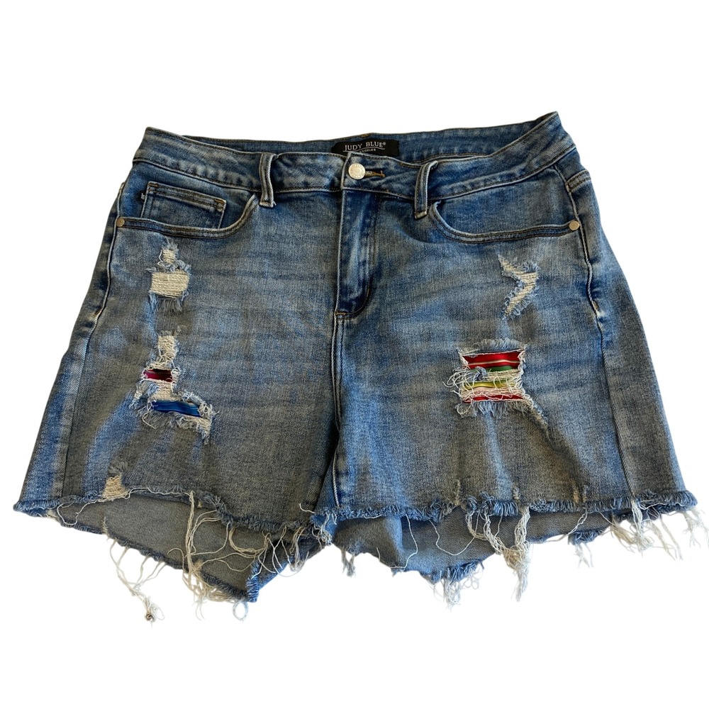 Judy Blue Denim Shorts 1XL (32" Waist) Distressed Rainbow Patch Frayed‎ Med Wash